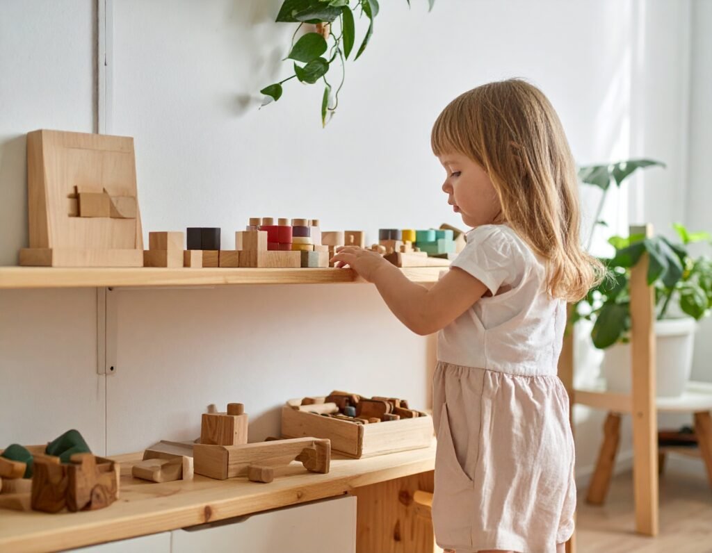 طفل في حضانة مونتيسوري يستكشف أدوات حسية عبر مطابقة المكعبات الخشبية ذات الألوان والملمس المختلف، في صف منظم بأثاث خشبي طبيعي.