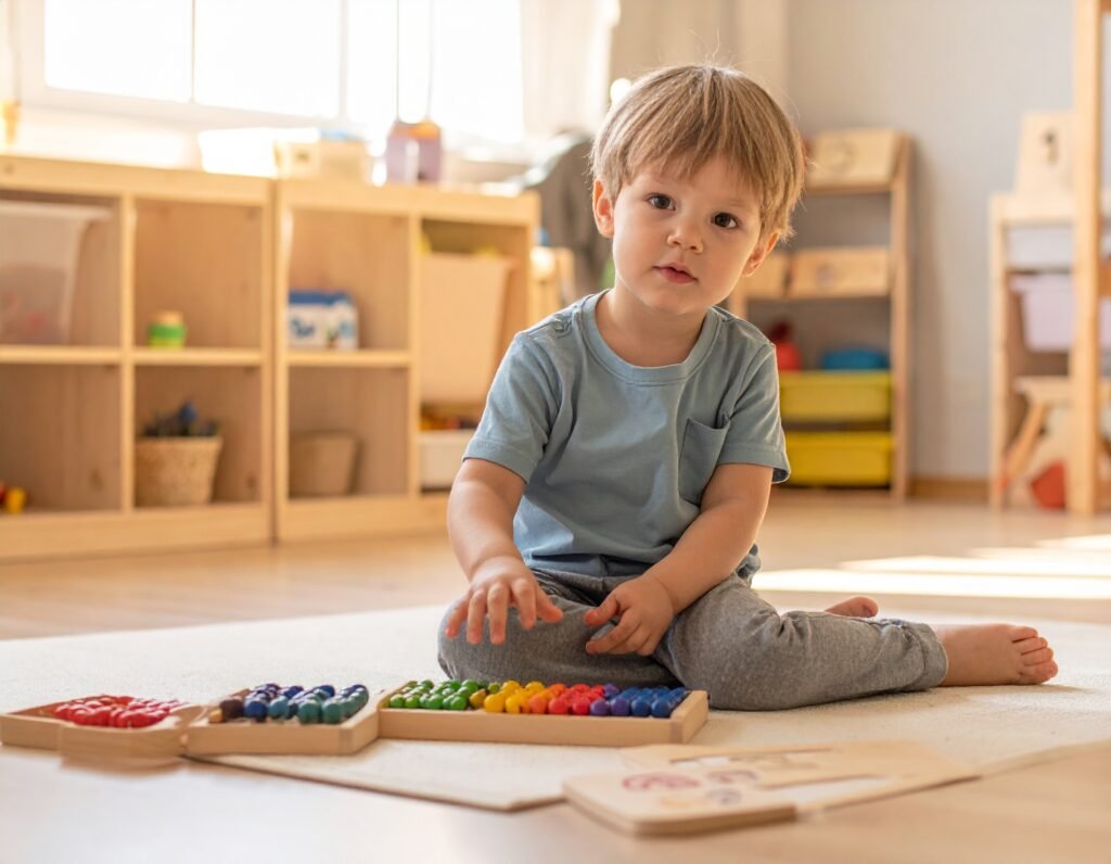 طفل في حضانة مونتيسوري يجلس على سجادة أرضية ويستخدم خرز مونتيسوري ملون للعد مع بطاقات الأرقام الخشبية، في صف هادئ منظم بإضاءة طبيعية.