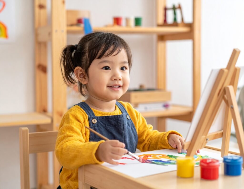 طفل مبتسم في حضانة مونتيسوري يرسم بألوان زاهية على ورق باستخدام حامل صغير للرسم، وسط بيئة صفية ملهمة ومليئة بالأدوات الفنية.