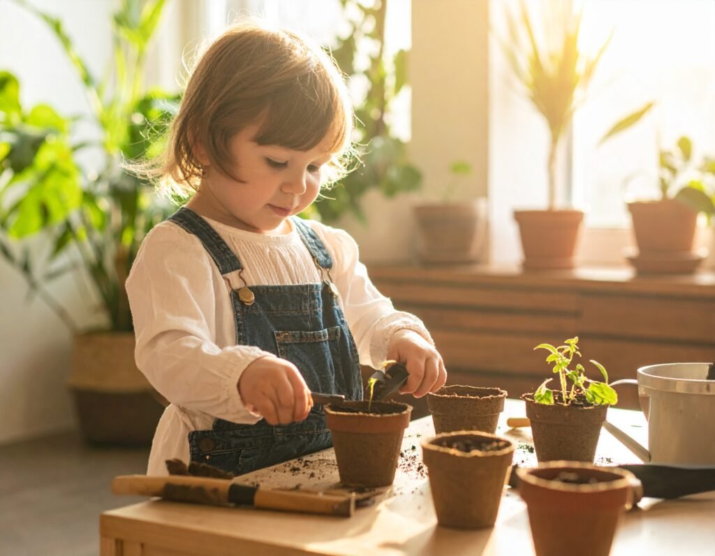 طفل صغير في حضانة مونتيسوري يزرع بذورًا في أصيص باستخدام أدوات زراعة صغيرة مخصصة للأطفال، في بيئة مضيئة مليئة بالنباتات.