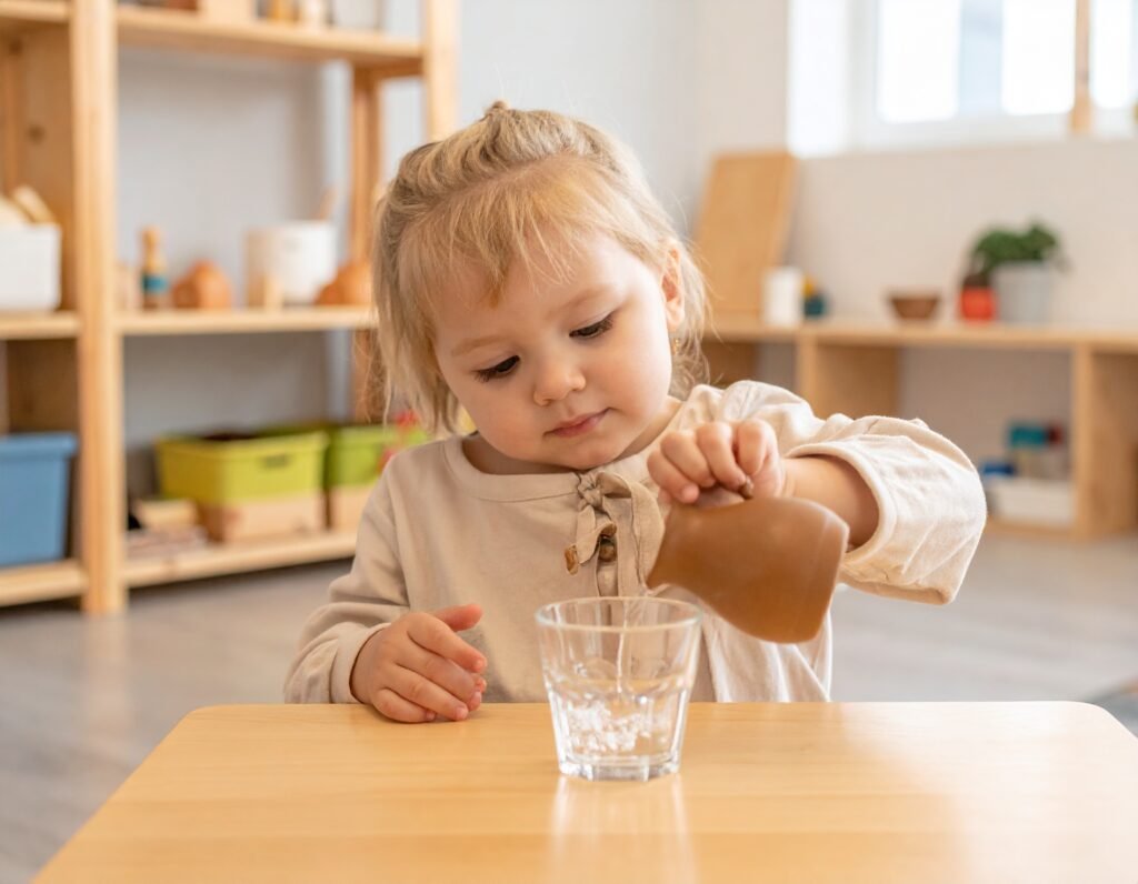 طفل صغير في فصل مونتيسوري يسكب الماء بعناية من إبريق صغير في كوب، يجلس على طاولة خشبية منخفضة وسط بيئة صفية منظمة ومضاءة طبيعيًا.