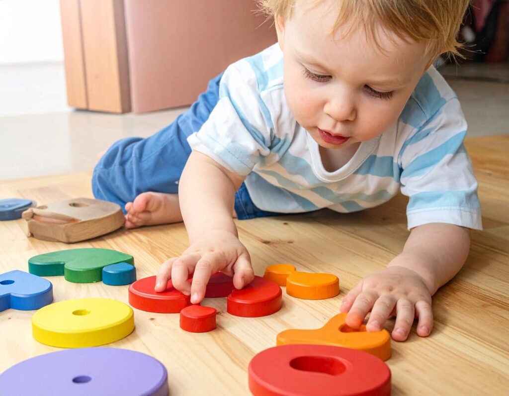 "طفل يستكشف بطاقات الألوان في نشاط مونتيسوري"