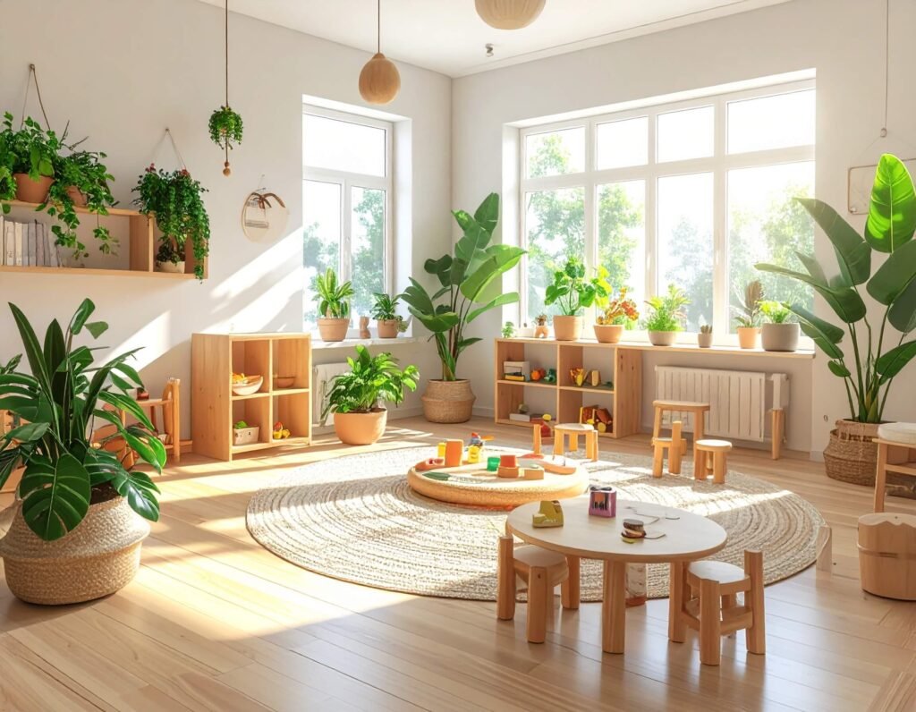 "أطفال في فصل مونتيسوري يتفاعلون مع مواد حسية خشبية في بيئة هادئة ومضيئة"